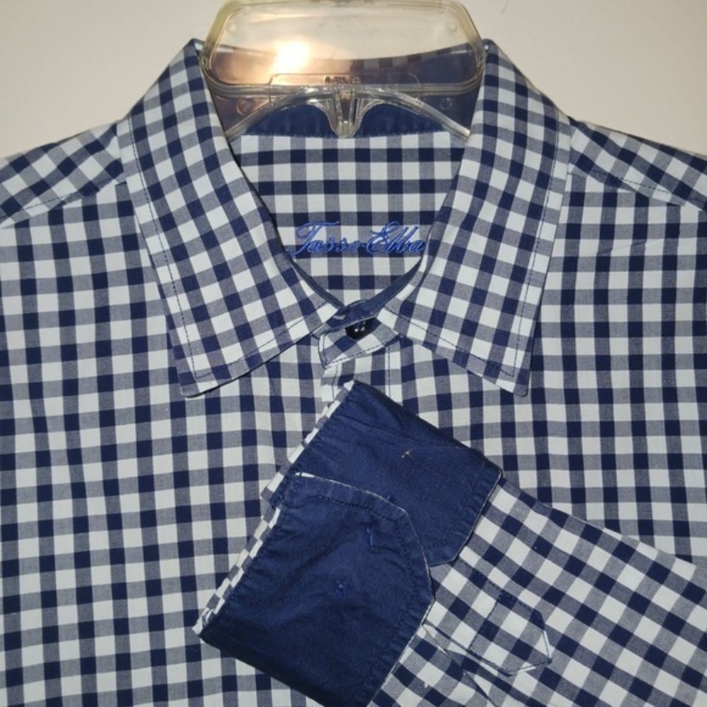 Tasso Elba Navy Blue Mens Dress Shirt Gingham Checkered‎ Long Sleeve Flip Cuff L